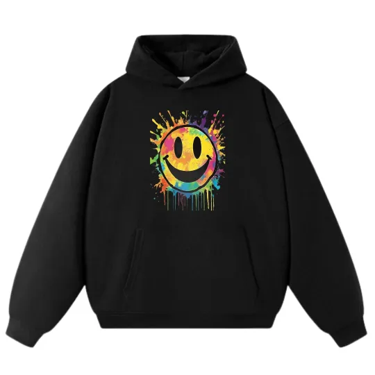 Discover Unisex Cartoon Hoodie with Smiley Print - Black & Gray Casual Sweatshirts