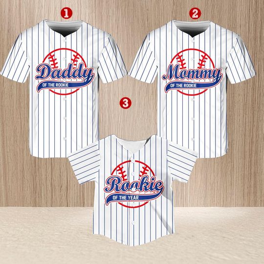 Discover Personalized Mommy Daddy Of the Rookie Baseball Jersey, Custom Name Number Shirt, Pinstripe Rookie Of The Year Jersey Family Matching Outfit