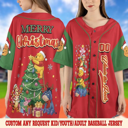 Disneyland Winnie the Pooh All Characters Baseball Jersey, Christmas Pooh Bear Jersey Christmas Outfit, Family Trip Matching Gift UN3M11