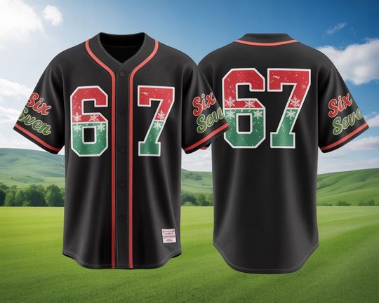 Discover Funny Christmas Six Seven Meme Baseball Jersey, Trending 67 Hand Christmas Jersey, Christmas Santa 67 Gift, Festive Matching Xmas Costume