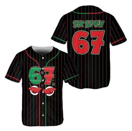 Discover Funny Christmas Six Seven Meme Baseball Jersey, Trending 67 Hand Christmas Jersey, Christmas Santa 67 Gift, Festive Matching Xmas Costume