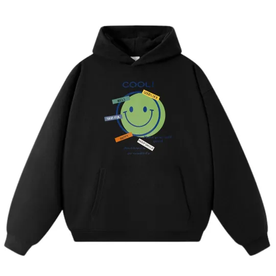 Discover Unisex Cartoon Smiley Letter Print Hoodie - Black & Gray Casual Sweatshirts