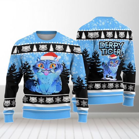Derpy Tiger Christmas Sweater, Blue Tiger Sweater Kids, Sweater For Men Women, Cute Xmas Sweater, Family Sweater, Holiday Sweater Gifts