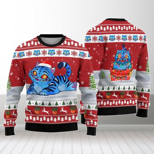 Derpy Tiger Christmas Sweater, Merry Christmas Sweater Kids, Cute Kawaii Gift, Family Sweater, Blue Tiger Holiday Sweater, Xmas Gifts