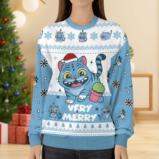 Blue Tiger Christmas Ugly Sweater, Cute Derpy Tiger Very Merry Sweater, Kpop Anime Sweater For Men Women, Fun Animals Holiday Sweater