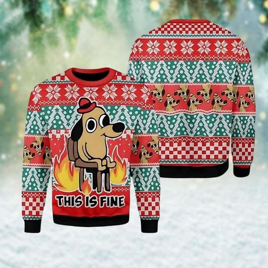 Discover Funny Dog Meme Ugly Christmas Sweater, This Is Fine Meme Xmas Sweater, Dog Meme Holiday Sweater, Xmas Party Gift