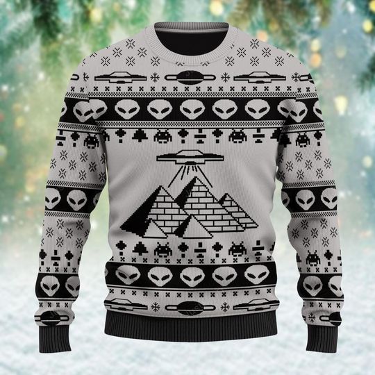 Discover Alien Ancient Pyramid Ugly Christmas Sweater, UFO Movie Shirt, Space Gifts, Green Alien Xmas Sweater, Christmas Sweater Gift