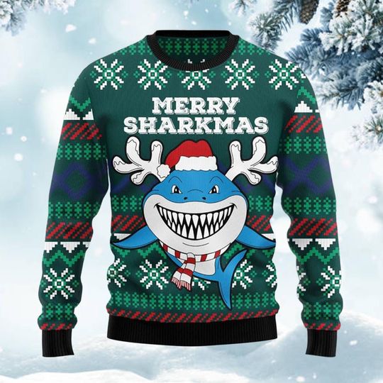 Discover Merry Sharkmas Christmas Sweater, Funny Shark Ugly Holiday Sweatshirt, Festive Winter Ocean Lover Gift Party Outfit