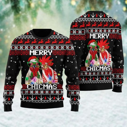 Chicken Ugly Christmas Sweater, Funny Rooster Xmas Sweater, Merry Chickmas Sweater, Farm Animal Christmas Sweatshirt, Chicken Gift