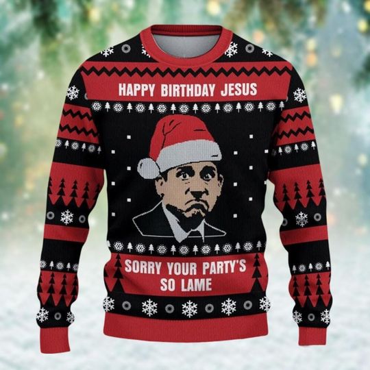 The Office Michael Scott Ugly Christmas Sweater, Tv Show Xmas Sweater, Happy Birthday Jesus Holiday Sweater, Xmas Party Gift