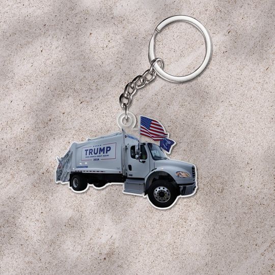 Discover Trump Make America Great Again 2025 Garbage Truck Keychain/Donald Trump Boards A Garbage Truck Keychain/Trump Truck Keychain OGZH02