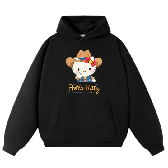 Hello Kitty Cute Cowboy Print Casual Wear Cartoon Fashion Unisex Trendy Hoodie
