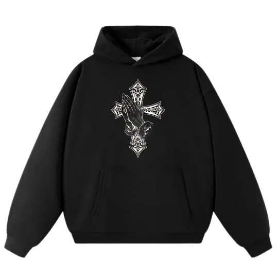 Discover Praying Hands & Cross Art Loose Casual Hoodie, Unisex Sweatshirt, Black & Gray