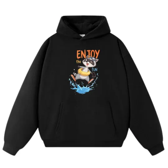 Discover "Enjoy the Fun" Raccoon Graphic Long - Sleeve Hoodie with Front Pocket