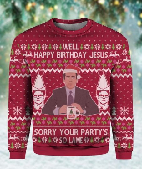 Discover The Office Michael Scott Ugly Christmas Sweater, Dw Schrute Funny Sweater, Tv Show Xmas Sweater, Happy Birthday Jesus