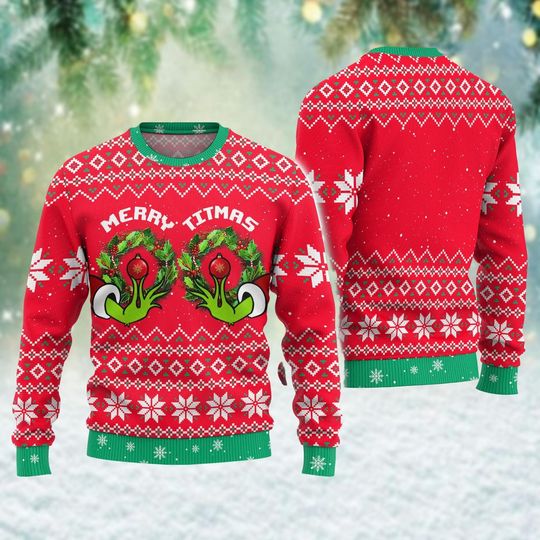 Funny Merry Titmas Ugly Sweater, Chest Christmas Sweatshirt, Winter Holiday Sweater, Christmas Tree Sweater For Women