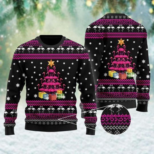 Flamingo Christmas Tree Ugly Christmas Sweater, Animal Lover Sweater, Fa La La Mingo Xmas Sweater, Christmas Vacation