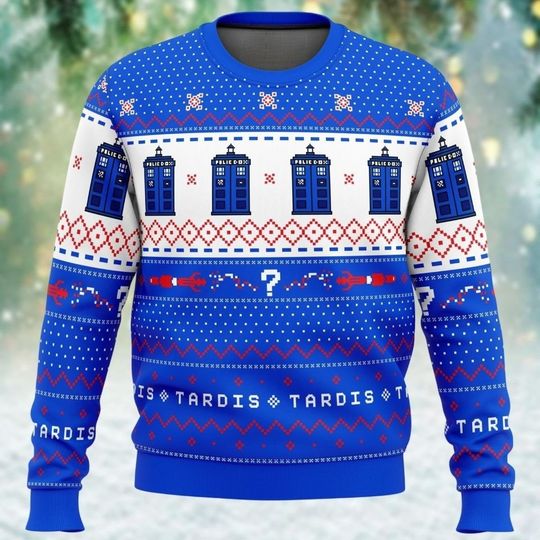 Doctor Who Ugly Christmas Sweater, Dr Who Tardis Xmas Sweater, Dr Who Police Box Holiday Sweater, Christmas Sweatshirt