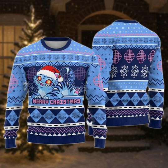 Blue Tiger Ugly Christmas Sweater, Cute Animal Xmas Sweatshirt, Kpop Fan Holiday Knit Sweater, Christmas Gift for Men Women