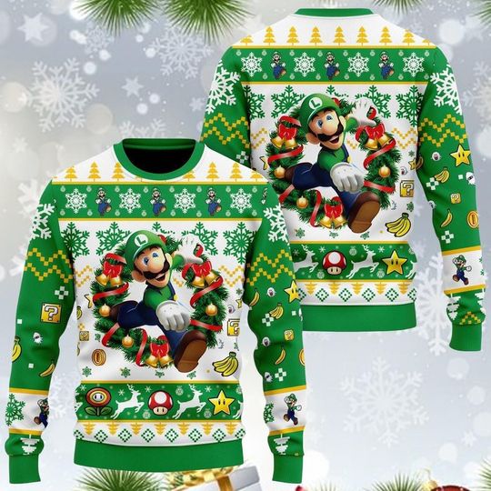 Luigi Ugly Christmas Sweater, Super Mario Luigi Ugly Sweater, Super Mario Sweater, Super Mario Shirt, Luigi Holiday Sweater, Xmas Gift