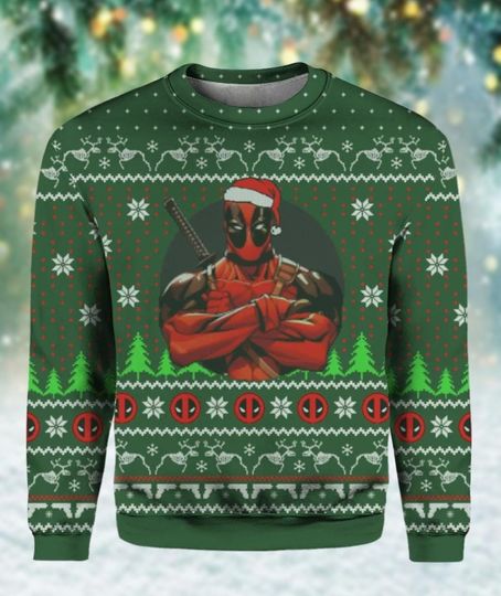 Discover Christmas Deadpool Ugly Sweater, Superhero Holiday Sweater, Hero Santa Hat Christmas Sweatshirt, Wade Wilson Sweater For Men