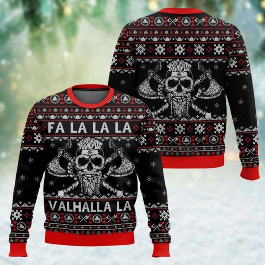 Fa La La Valhalla La Ugly Christmas Sweater, Viking Skull Xmas Sweater, Funny Christmas Sweater, Viking Dad Christmas Sweatshirt