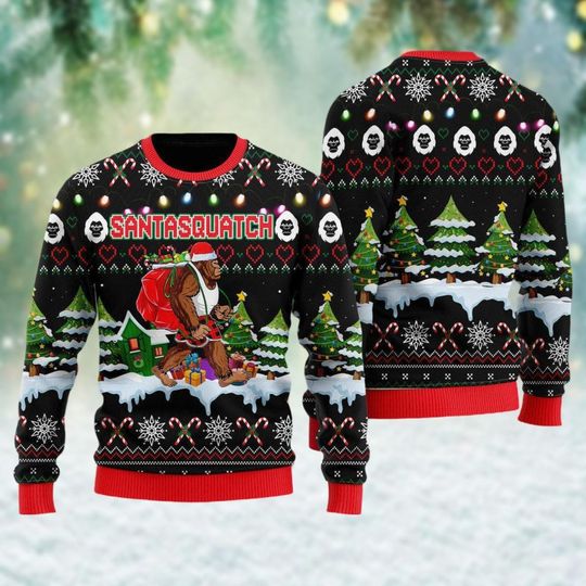 Discover Bigfoot Santa Ugly Christmas Sweater, Sasquatch Sweater Men, Christmas Tree Sweater, Monster Xmas Sweater, Funny Christmas Gift