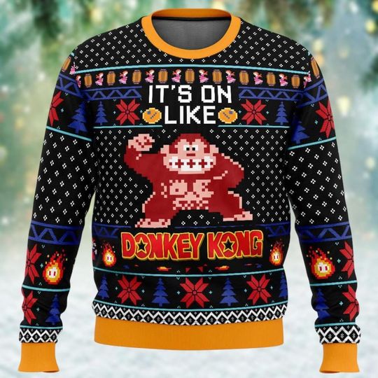 Donkey Kong Ugly Christmas Sweater, Super Mario Xmas Sweater, Video Game Holiday Sweater, Gamer Gift, Funny Christmas Sweater