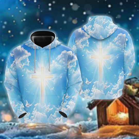 Heavenly Cross 3D Hoodie, Cloud Sky Pullover, Holy Spirit Doves Hoodie, Christian Hoodie, Glowing Cross Gift, Scripture Faith Apparel