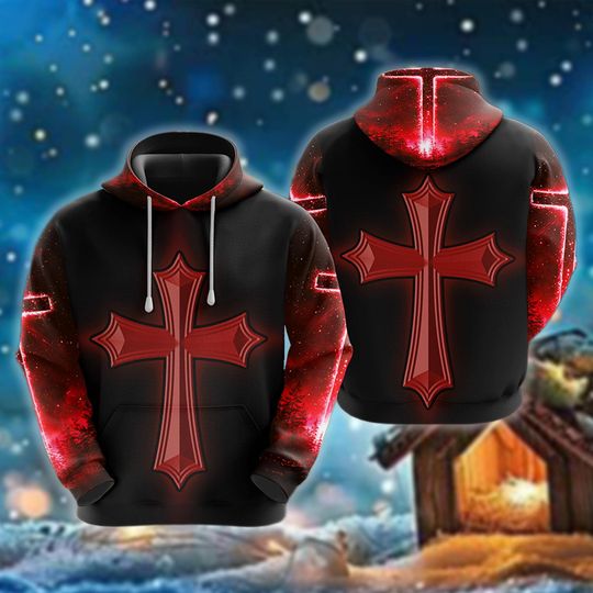 Discover Red Neon Cross Hoodie, Christian Glow Pullover, Religious Gift, Faith Apparel, Black and Red Cross Sweatshirt, Christian Merch