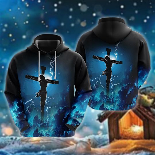 Lightning Cross 3D Hoodie, Stormy Jesus Pullover, Religious Gift, Electric Blue Crucifixion Hoodie, Christian Hoodie, Faith Apparel