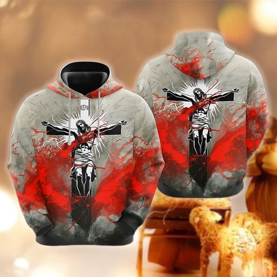 Discover Crucifixion Jesus Hoodie, Cross Pullover, Sacrifice of Christ Gift, Religious Blood Splatter Sweatshirt, Scripture Merch, Faith Apparel
