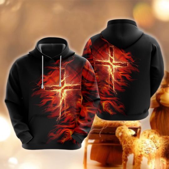 Discover Fiery Cross Hoodie, Lightning Faith Sweatshirt, Religious Fire Pullover, Christian Merch, God Power Gift, Scripture Bible Verse Apparel