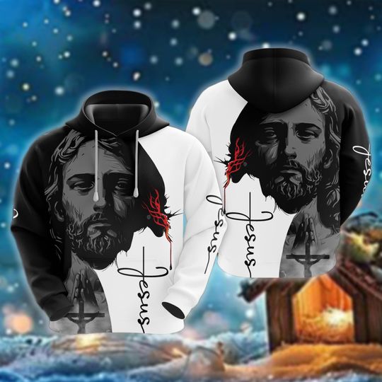 Discover Praying Jesus Hoodie, Crown of Thorns Pullover, Religious Gift, Christian God Sweatshirt, Faith Apparel, Hand Lettered Jesus Merch