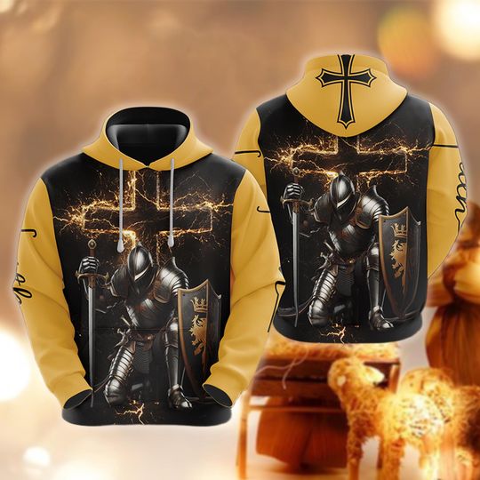 Discover Christian Knight Hoodie, God's Warrior Pullover, Religious Gift, Armor of God Sweatshirt, Spiritual Battle Merch, Cross Faith Apparel