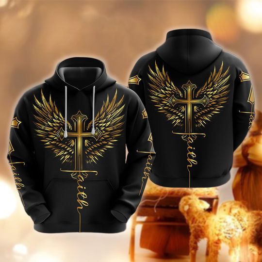 Discover Golden Cross Wing Hoodie, Christian Faith Sweatshirt, Religious Gift, Bible Verse Pullover, Jesus God Merch for Him Her, Faith Apparel