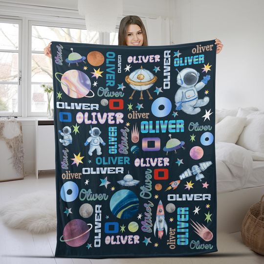 Discover Custom Space Blanket Custom Name Blanket for Baby Boys & Girls Space-Themed Baby Gift Christmas Birthday Astronaut Planets Gift UM5O18