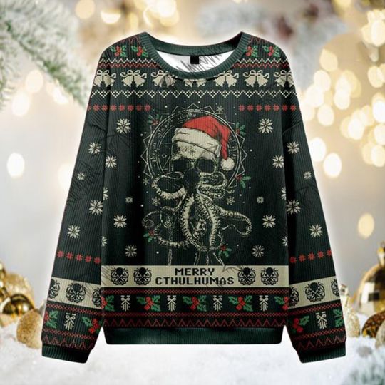 Eldritch Horror Santa Ugly Sweater, Gothic Cthulhu Xmas Jumper, Weird Holiday Pullover, Funny Dark Christmas Gift for Him Her
