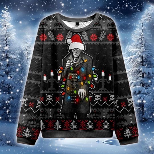 Discover Gothic Horror Christmas Ugly Sweater, Vintage Vampire Xmas Jumper, Creepy Holiday Lights Sweater, Spooky Gift for Horror Movie Fans