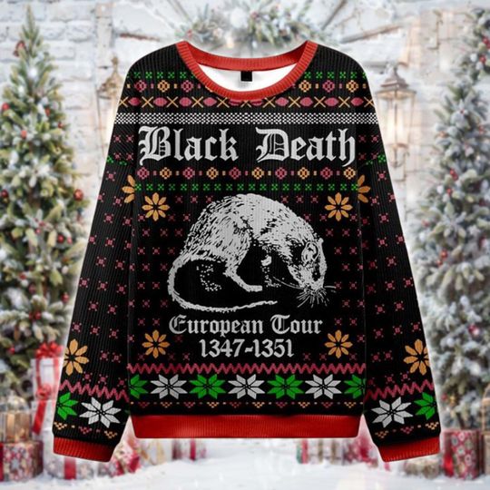 Discover Black Death Christmas Sweater, Funny Plague History Ugly Xmas Sweater, Medieval Rat European Tour 1347-1351, Dark Humor Holiday Gift