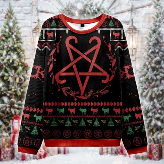 Discover Dark Occult Christmas Ugly Sweater, Gothic Holiday Sweatshirt, Pentagram Xmas Gift for Horror and Metal Fans
