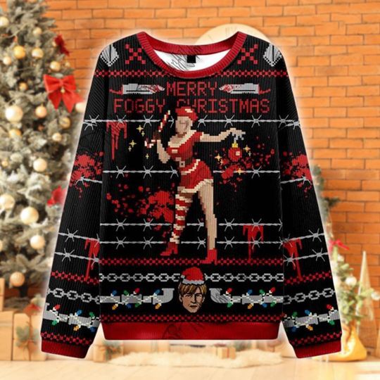 Discover Merry Foggy Christmas Ugly Sweater, Horror-Themed Xmas Sweater, Funny Blood Splatter Holiday Jumper, Gothic Christmas Gift for Fans