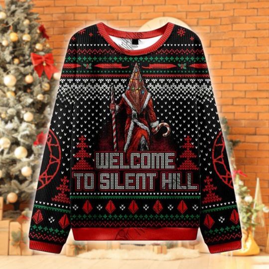 Silent Hill Christmas Ugly Sweater, Pyramid Head Xmas Jumper, Horror Game Holiday Sweater, Scary Gamer Gift for Christmas Fans