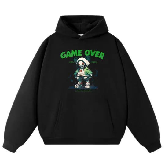 Discover "GAME OVER" Trendy Cartoon Casual Hoodie, Unisex in Black and Gray (Sweatshirt)