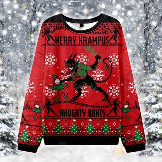 Krampus Christmas Ugly Sweater, Merry Krampus Naughty Brats Sweater, Funny Holiday Devil Jumper, Dark Humor Xmas Outfit for Horror Fans