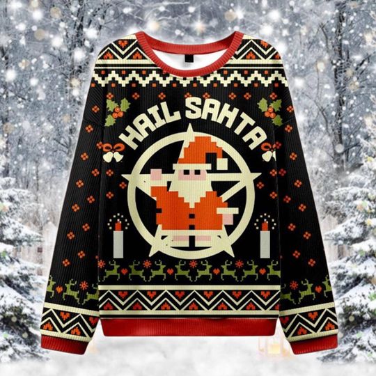 Hail Santa Ugly Christmas Sweater, Funny Satan Claus Holiday Jumper, Dark Humor Xmas Pullover, Sarcastic Santa Outfit Gift for Men and Women