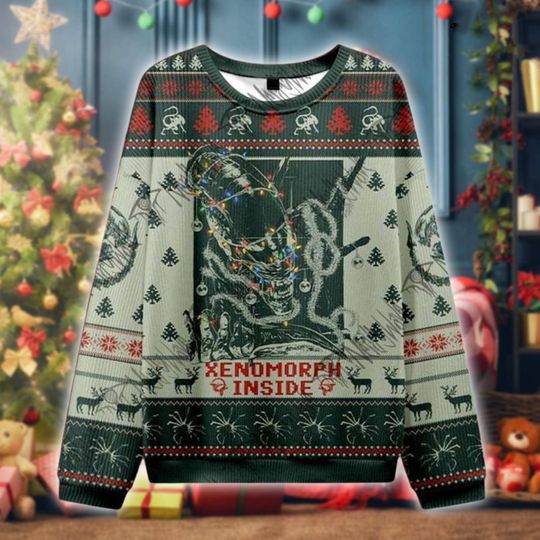 Discover Xenomorph Inside Ugly Christmas Sweater, Alien Sci-Fi Holiday Pullover, Funny Horror Knit Jumper, Creepy Festive Gift for Movie Fans