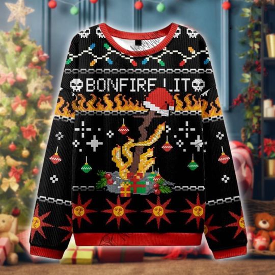 Discover Bonfire Lit Ugly Christmas Sweater, Dark Fantasy Holiday Pullover, Soulsborne Gamer Gift, Retro Pixel Knit Jumper for Men and Women