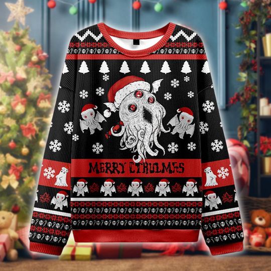 Discover Merry Cthulhmas Ugly Christmas Sweater, Lovecraftian Horror Holiday Pullover, Cthulhu Festive Knit Jumper, Gothic Xmas Gift for Fans