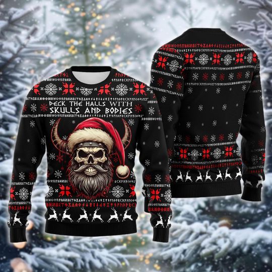Viking Skull Head Ugly Christmas Sweater, Deck the Halls with Skulls, Funny Heavy Metal Holiday Party Shirt, Xmas Gift